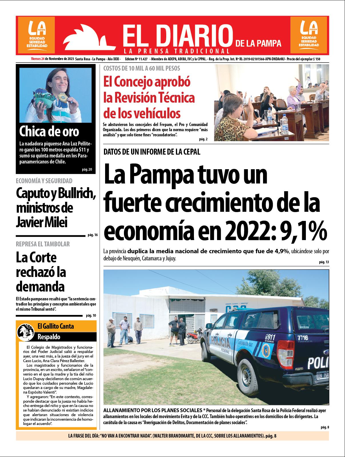 Tapa de El Diario en papel  viernes 24 de noviembre de 2023